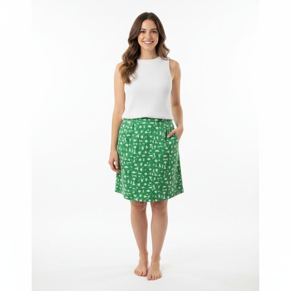 Boden skirt green & white print with pockets size 8 cotton fabric